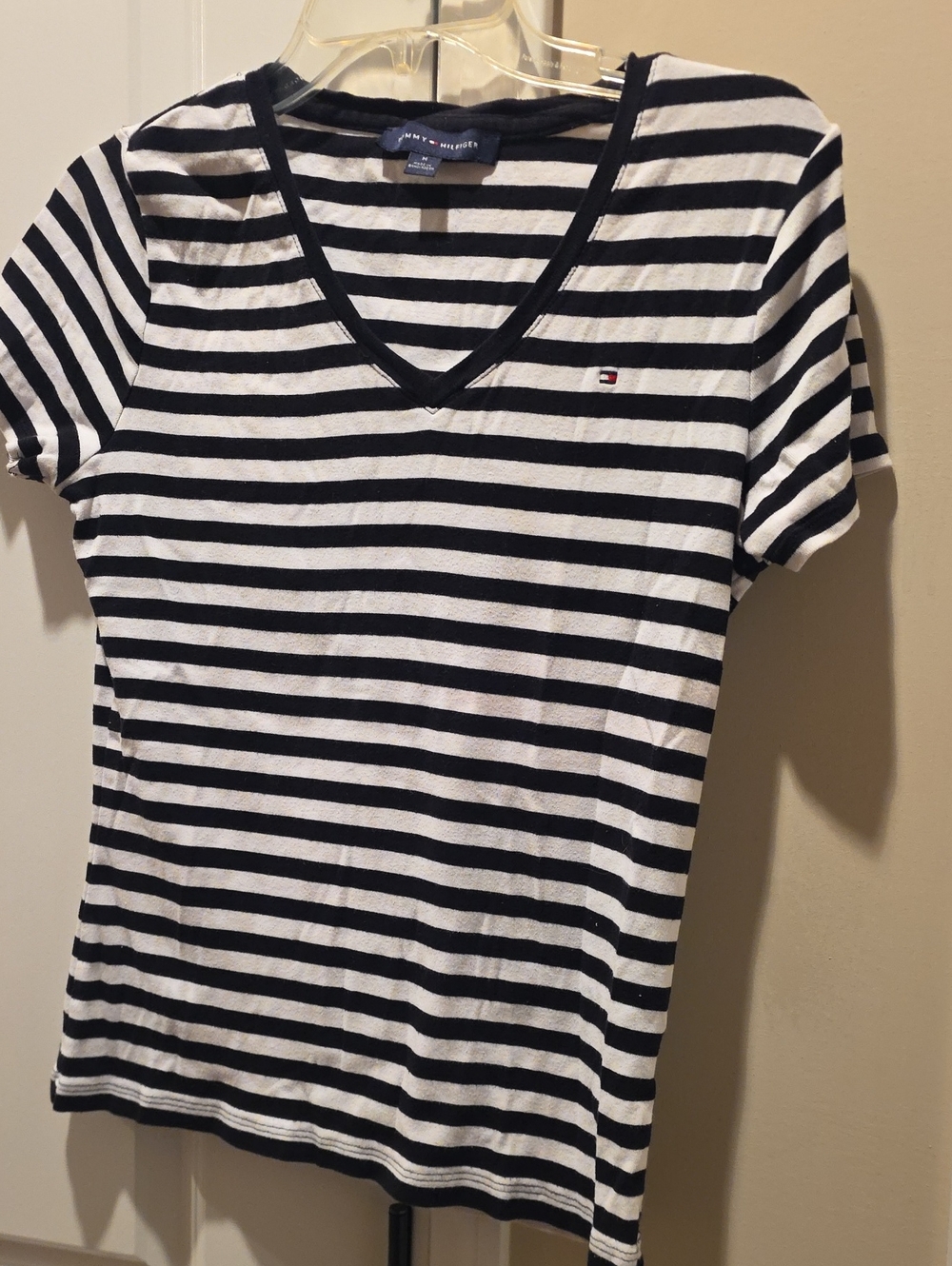 Tommy Hilfiger Black & White Striped V-Neck Tee Shirt